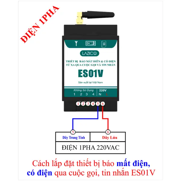 Sơ đồ cấp nguồn 1 pha 220VAC cho ES01V: d&acirc;y trung t&iacute;nh ch&acirc;n 5, d&acirc;y lửa ch&acirc;n 6