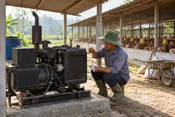 Ảnh minh họa: c&ocirc;ng nh&acirc;n kiểm tra dầu m&aacute;y ph&aacute;t điện cạnh chuồng g&agrave; trước Tết