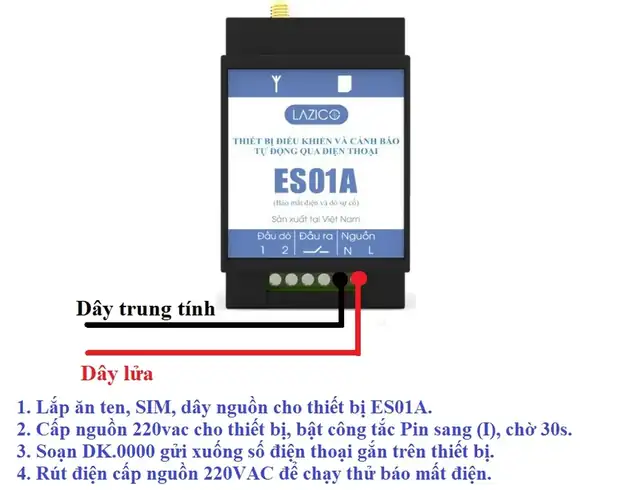 Đấu nguồn 220VAC cho ES01A v&agrave; c&aacute;c bước c&agrave;i đặt bằng lệnh DK.0000