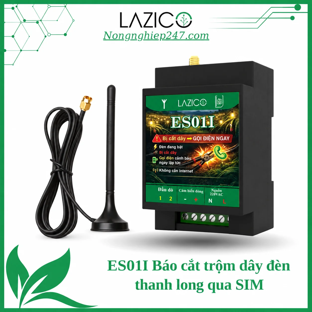 ES01I – Thiết bị giám sát dòng điện 1 pha, báo cắt trộm dây đèn thanh long qua SIM