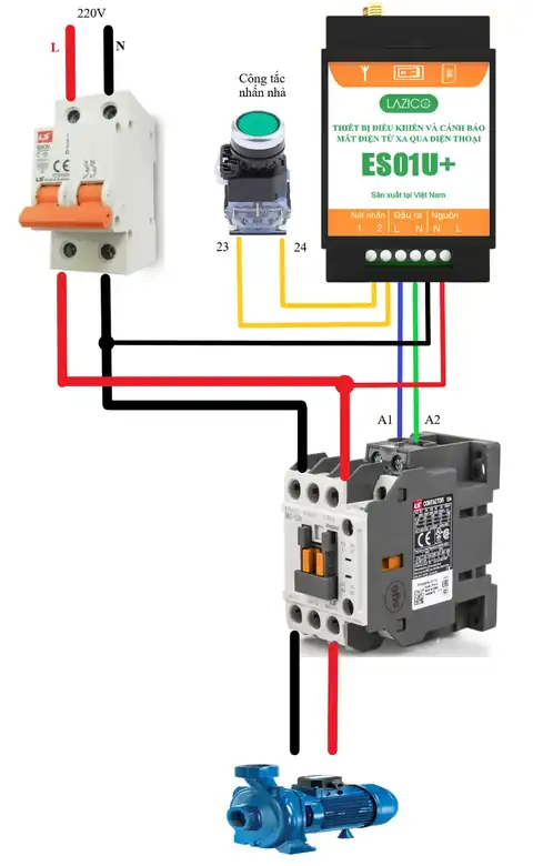 Sơ đồ đấu ES01U+ điện 1 pha 220V điều khiển bơm qua khởi động từ