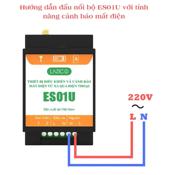 Sơ đồ đấu nguồn 220V v&agrave;o ES01U để cảnh b&aacute;o mất điện