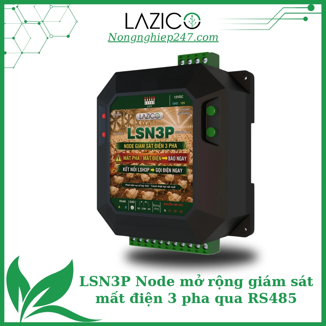 LSN3P – Node mở rộng giám sát mất điện 3 pha qua RS485 cho trang trại nhiều khu