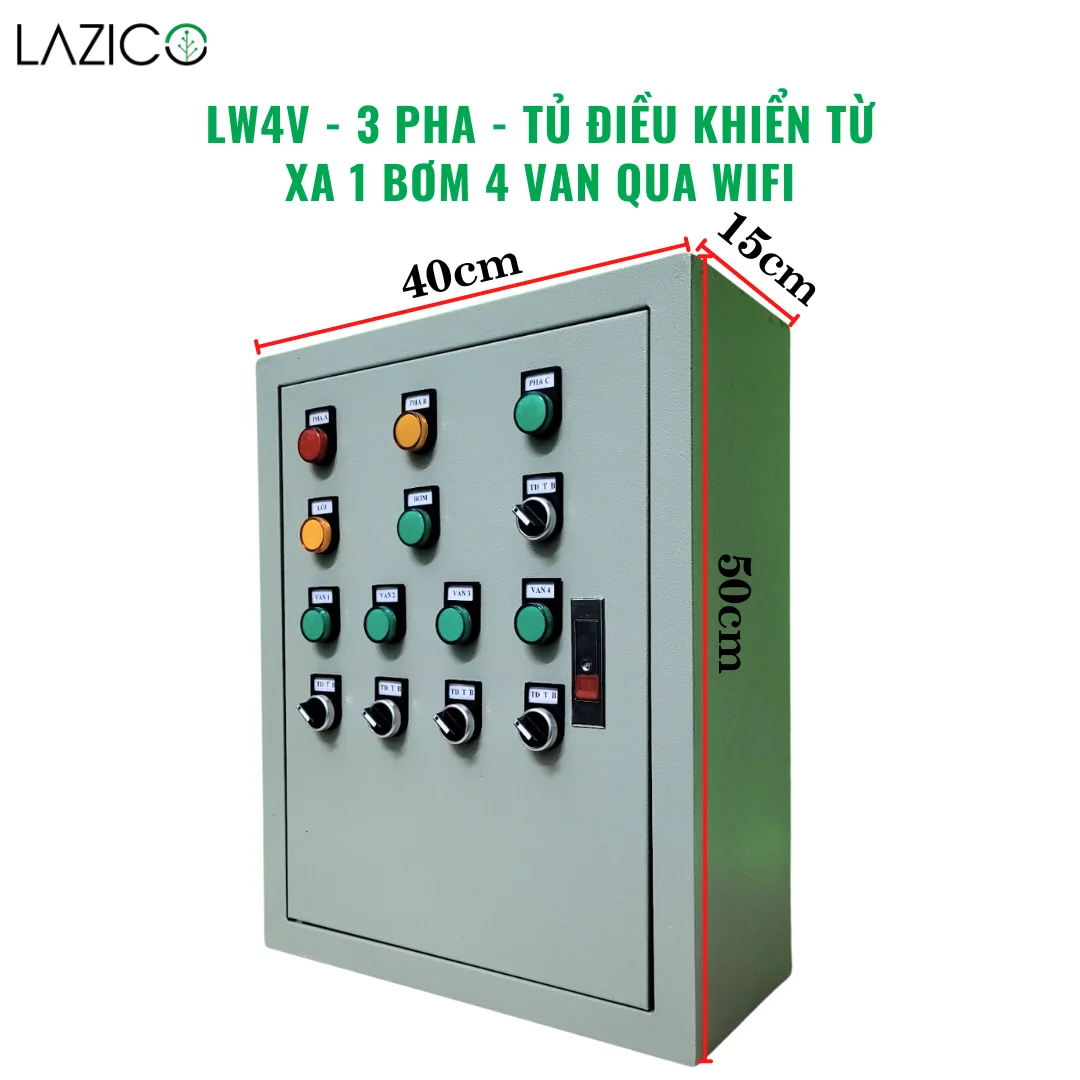 LW4V 3PHA – Tủ điều khiển tưới tự động WiFi, 1 bơm 3 pha, 4 van điện từ, giám sát dòng chảy và áp suất