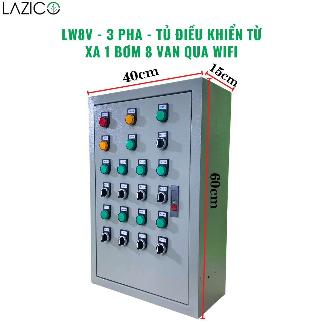 LW8V 3PHA– Tủ điều khiển tưới WiFi 1 bơm 8 van điện từ, giám sát dòng chảy và áp suất
